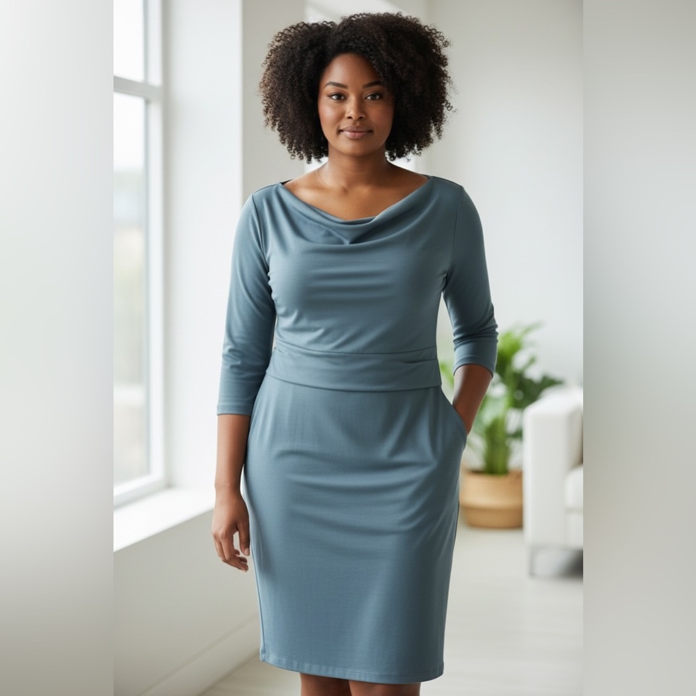 Ann Taylor Muted Teal Long Sleeve Stretch knit Scoop neck Dress Sz 10